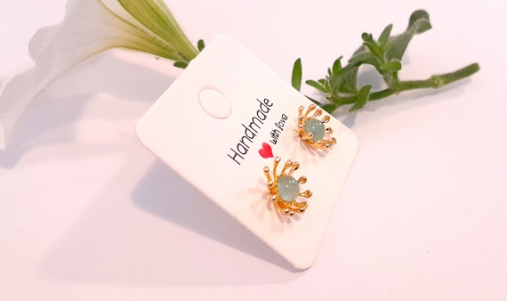 Flower stud earrings with Green Aventurine gemstone in 18k Gold Plated Flower Tray - Image 2
