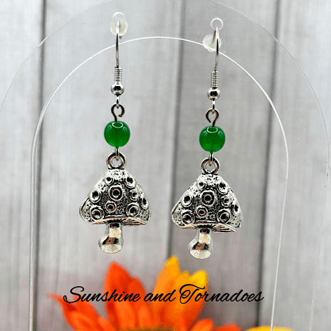 Handmade Mushroom/Toadstool Drop Earrings with Green Agate Gemstone Beads
