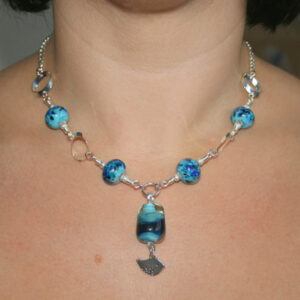 Handmade Blue Glass Bead Necklace with Bird Charm – Artisan Wirework & Lampwork Beads
