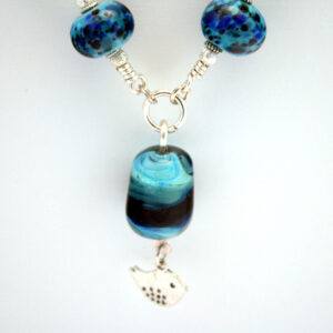 Handmade Blue Glass Bead Necklace with Bird Charm – Artisan Wirework & Lampwork Beads
