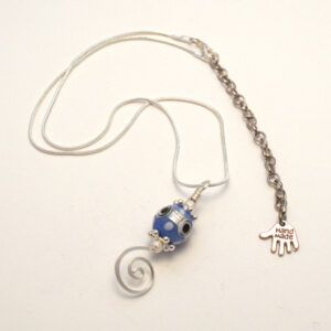 Handmade Blue, Silver & Black Swirl Pendant Necklace – Unique Lampwork Glass & Wirework Jewellery UK