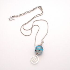 Handmade Blue and White Striped Lampwork Bead Swirl Pendant Necklace – Wirework Jewellery UK