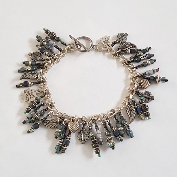 Handmade Boho Beaded Charm Bracelet – Blue Tones with Silver Leaf Charms - Toggle Clasp
