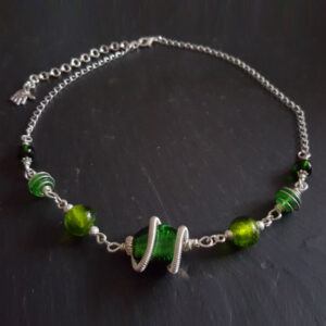 Handmade Bottle Green Wirework Necklace – Artisan Beaded Statement Jewellery with Silver Detail