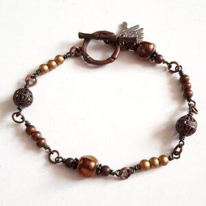 Handmade Copper and Bronze Beaded Bracelet – Eclectic Metallic Charm with Toggle Clasp