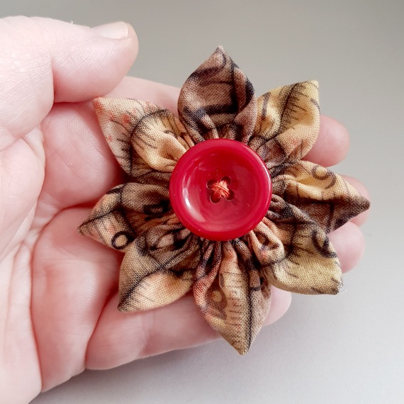 Handmade Fabric Flower Brooch in Earthy Browns with Red Button – Unique One-of-a-Kind Accessory