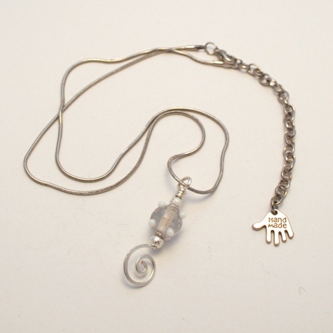 Handmade Frosted White Lampwork Bead Pendant with Silver Wirework Spiral