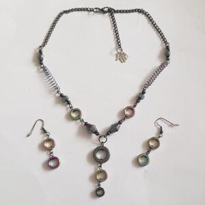 Handmade Hematite Circle Necklace & Earrings Set – Wirework Jewellery with Gunmetal & Rainbow Accents