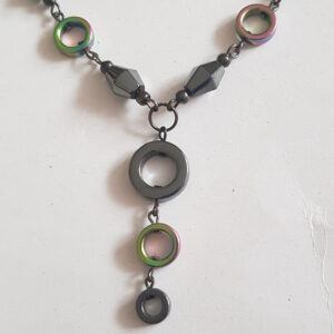 Handmade Hematite Circle Necklace & Earrings Set – Wirework Jewellery with Gunmetal & Rainbow Accents