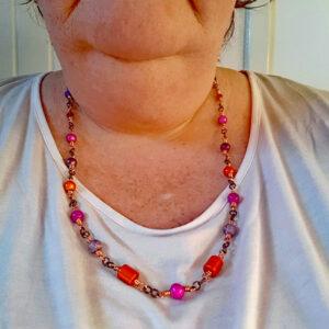 Handmade Orange, Pink & Purple Beaded Necklace – Vibrant Copper Chain Statement Jewellery
