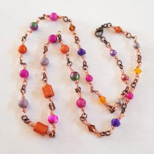 Handmade Orange, Pink & Purple Beaded Necklace – Vibrant Copper Chain Statement Jewellery