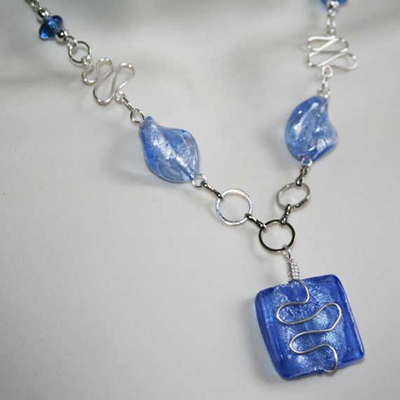 Handmade Pale Blue Foil-Lined Glass Bead Necklace & Earrings Set – Wirework Jewellery with Silver Accents