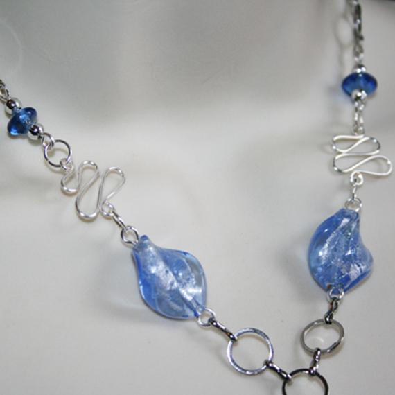 Handmade Pale Blue Foil-Lined Glass Bead Necklace & Earrings Set – Wirework Jewellery with Silver Accents