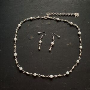 Handmade Pearl & Silver Stardust Jewellery Set – Necklace & Earrings – Elegant Bridal or Evening Accessories