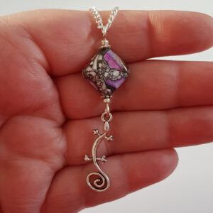Handmade Pendant with Lilac Brecciated Mookaite Gemstone Bead and Silver Lizard Charm
