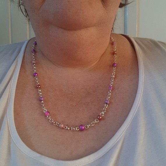 Handmade Pink & Peach Beaded Necklace – Silver Chain Feminine Sparkle Statement Jewellery