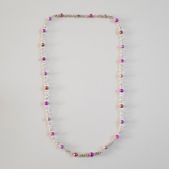 Handmade Pink & Peach Beaded Necklace – Silver Chain Feminine Sparkle Statement Jewellery