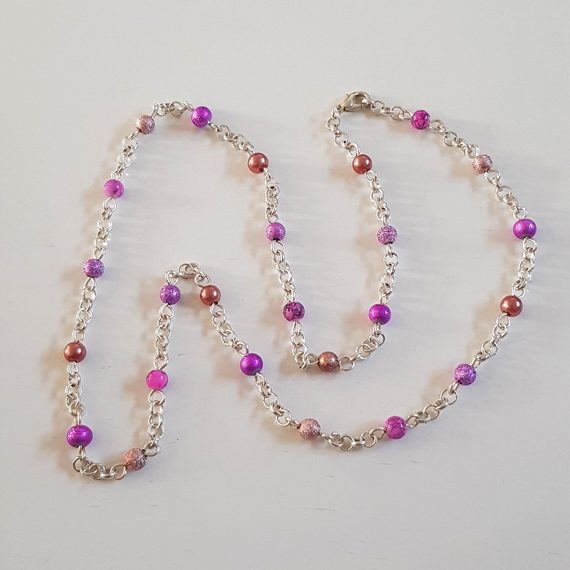 Handmade Pink & Peach Beaded Necklace – Silver Chain Feminine Sparkle Statement Jewellery