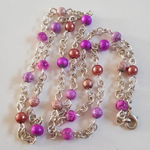 Handmade Pink & Peach Beaded Necklace – Silver Chain Feminine Sparkle Statement Jewellery