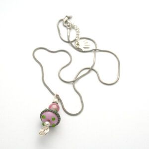 Handmade Pink Polka Dot Swirl Pendant – Unique Lampwork Bead Necklace with Wirework Detail | UK Artisan Jewellery