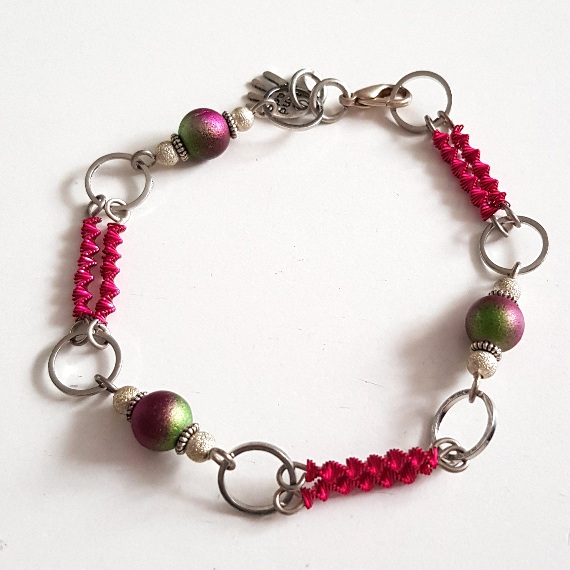 Handmade Pink Wirework Bracelet with Airbrushed Pink And Green Beads – Bold Bright Artisan Design