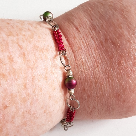 Handmade Pink Wirework Bracelet with Airbrushed Pink And Green Beads – Bold Bright Artisan Design