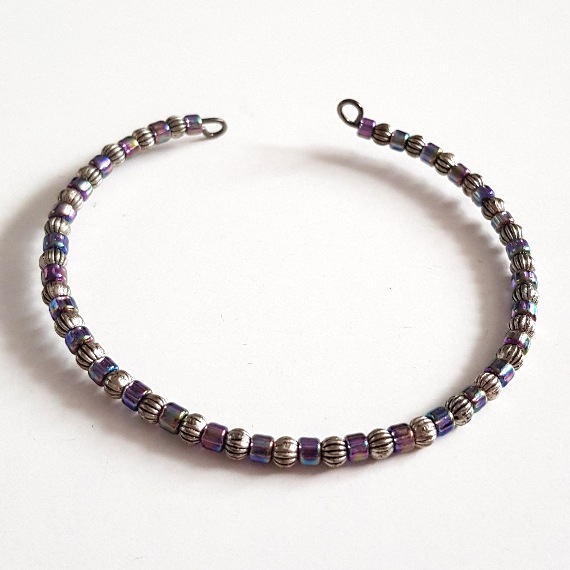 Handmade Purple Beaded Cuff Bracelet – Iridescent Glass Beads - Silver Accents