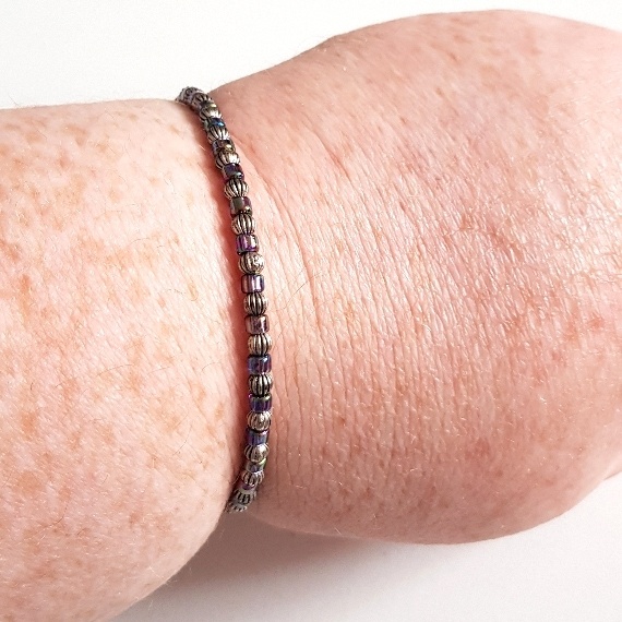 Handmade Purple Beaded Cuff Bracelet – Iridescent Glass Beads - Silver Accents