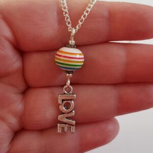 Rainbow Bead Necklace with Silver LOVE Charm – Handmade Pride Gift