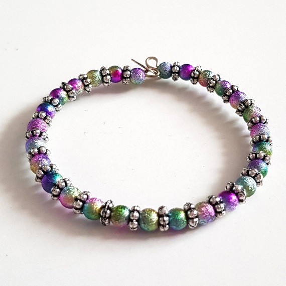Handmade Rainbow Stardust Beaded Cuff Bracelet – Colourful Sparkle with Silver Accents