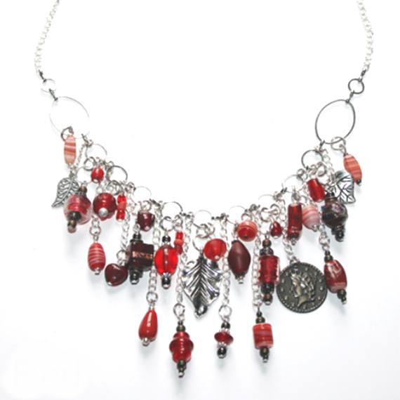 Handmade Red Beaded Wirework Waterfall Necklace – Charm Statement Jewellery with Silver Accents