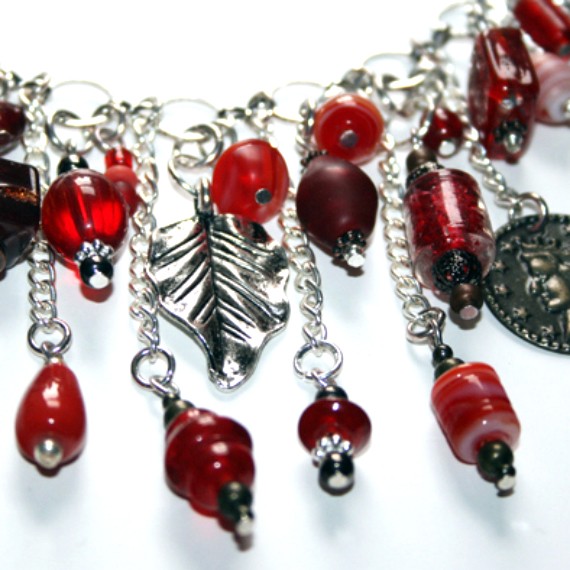 Handmade Red Beaded Wirework Waterfall Necklace – Charm Statement Jewellery with Silver Accents