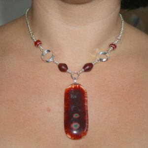 Handmade Red Wirework Necklace with Fused Glass Pendant – Bold Statement Jewellery with Silver Accents