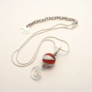 Handmade Red and White Striped Lampwork Bead Swirl Pendant Necklace – Unique Wirework Jewellery UK