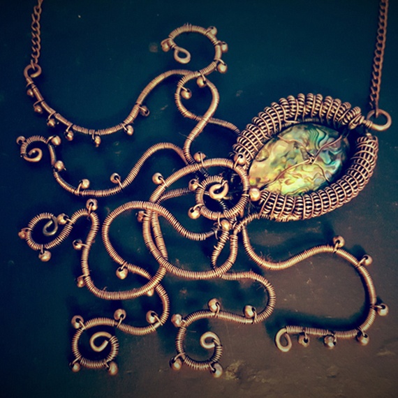 Handmade Statement Kraken Necklace – Wirework Tentacles with Paua Shell Centrepiece | Nautical Fantasy Jewellery