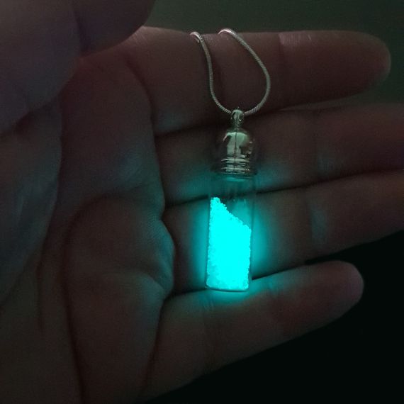 Handmade Steampunk Glow in the Dark Mystical Potion Bottle Pendant – Silver Dome & Aqua Crystals