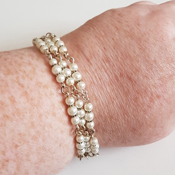 Handmade Triple Strand Pearl Bracelet – Elegant Acrylic Pearls with Silver Chain Detail