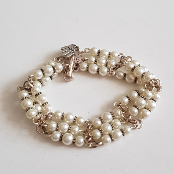 Handmade Triple Strand Pearl Bracelet – Elegant Acrylic Pearls with Silver Chain Detail