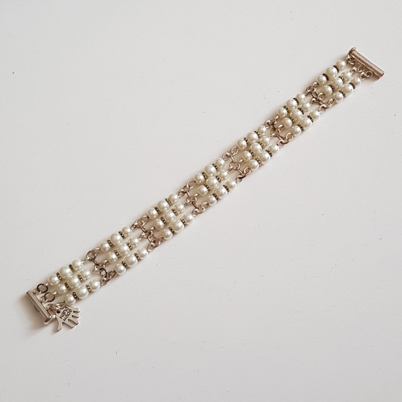 Handmade Triple Strand Pearl Bracelet – Elegant Acrylic Pearls with Silver Chain Detail