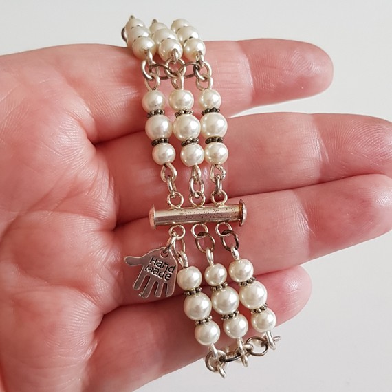 Handmade Triple Strand Pearl Bracelet – Elegant Acrylic Pearls with Silver Chain Detail