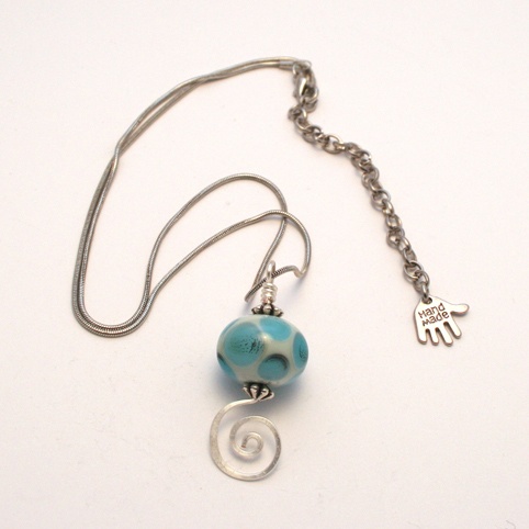 Handmade Turquoise Lampwork Bead Pendant with Silver Wirework Swirl