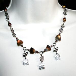 Handmade Wirework Puzzle Charm Necklace – Copper-Tone Beads & Jigsaw Pendant Statement Jewellery