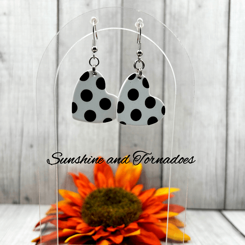 Handmade Fifties Style Drop Earrings. White Polka Dot Hearts. Lightweight. - Image 7