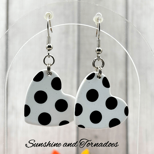 Handmade Fifties Style Drop Earrings. White Polka Dot Hearts. Lightweight. - Image 6