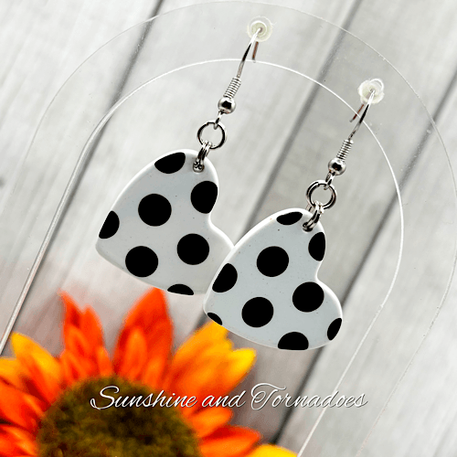 Handmade Fifties Style Drop Earrings. White Polka Dot Hearts. Lightweight.