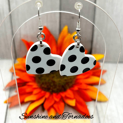 Handmade Fifties Style Drop Earrings. White Polka Dot Hearts. Lightweight. - Image 5