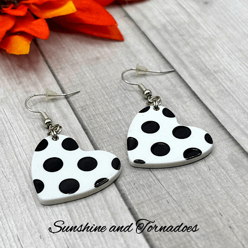 Handmade Fifties Style Drop Earrings. White Polka Dot Hearts. Lightweight. - Image 4
