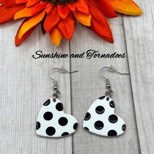 Handmade Fifties Style Drop Earrings. White Polka Dot Hearts. Lightweight. - Image 3