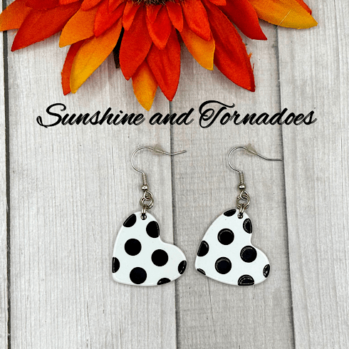 Handmade Fifties Style Drop Earrings. White Polka Dot Hearts. Lightweight. - Image 2
