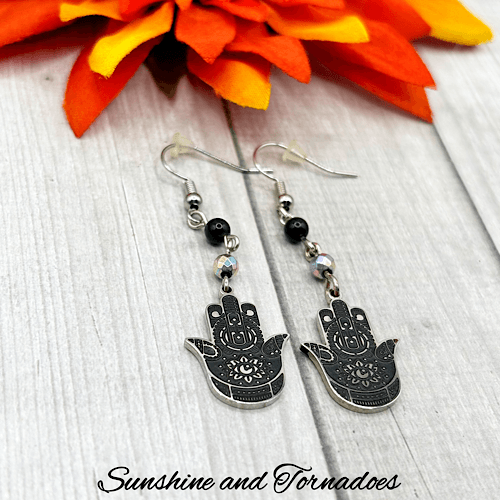Handmade Drop Earrings with Embellished Stainless Steel Hamsa Hands, Black Obsidian and Electroplated Hematite Gemstone Beads - Image 2